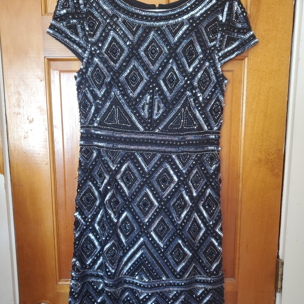 Art Deco Adrianna Papell Black and Silver Geometric Sequin Mini Dress Glam